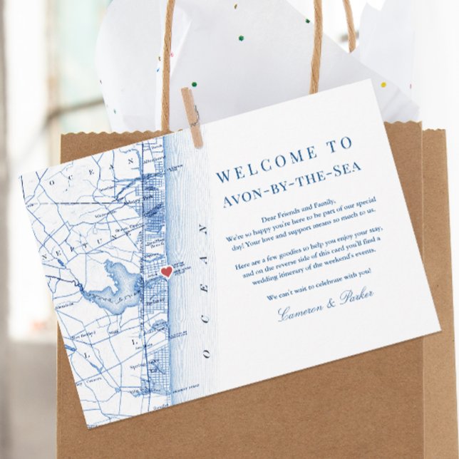 Välkomsthistorien Avon-by-the-sea NJ Navy Bröllop Tack Kort (Avon-by-the-sea NJ Map Wedding Welcome Letter and Weekend Events Itinerary in Elegant Navy Blue)
