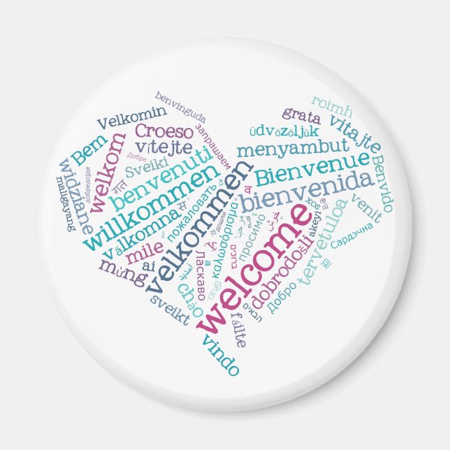 Välkomsthjärta (många språk) Magnet (Framsidan)
