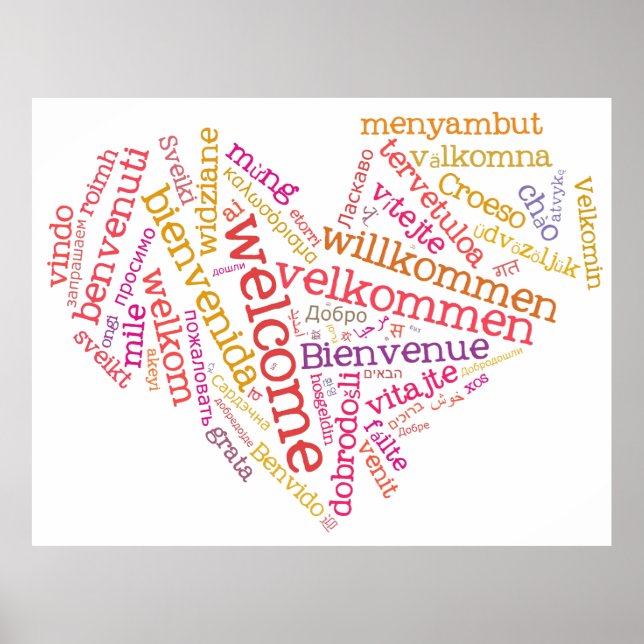 Välkomsthjärta (många språk) Poster (Framsidan)