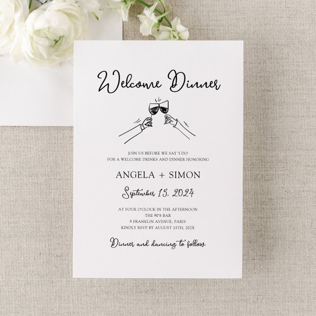 Välkomstinbjudan till hand plockade-middagen inbjudningar (weding welcome dinner invitation, rehearsal dinner invite illustrated, hand drawn hand written)
