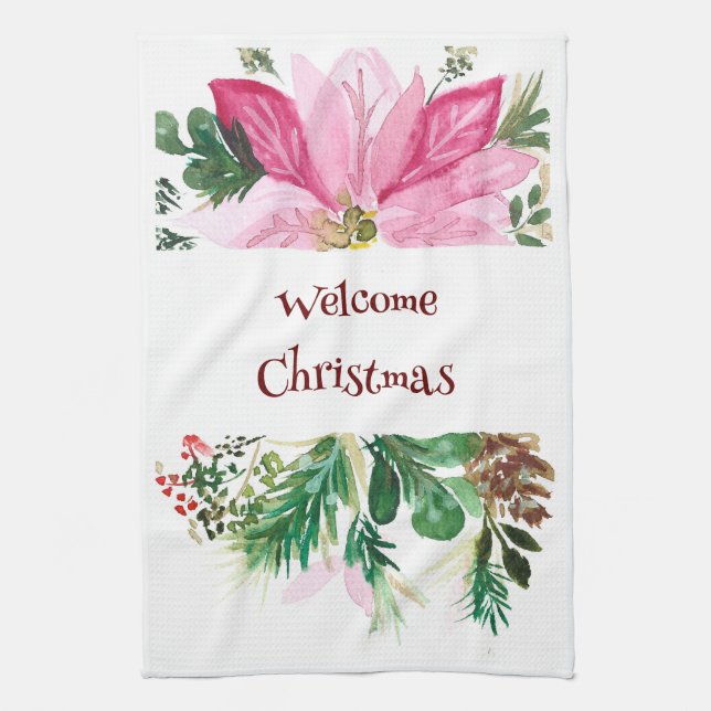 Välkomstjultorn, Rosa/Grönt Poinsettia Kökshandduk (Vertikal)