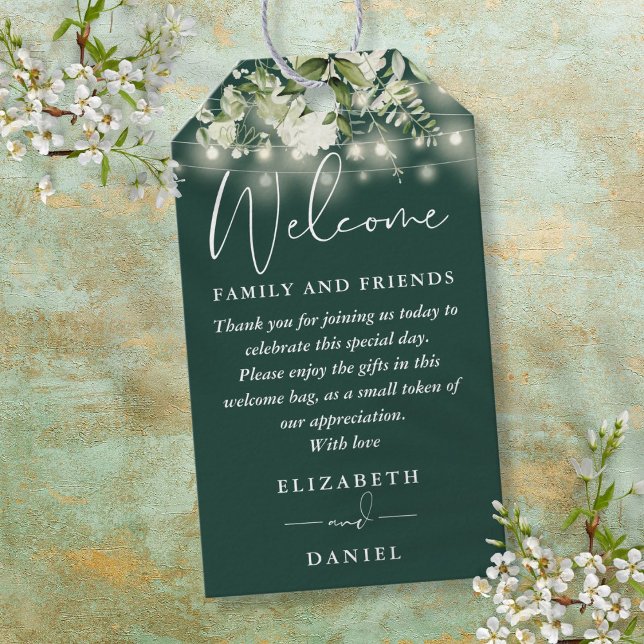 Välkomstkorg med smaragdgrön växtlighet presentetikett (Emerald Greenery Favor Welcome Basket Bag Gift Tags)