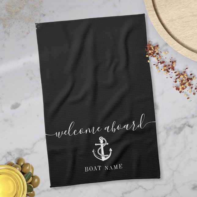 Välkomstkort för Black and White Anchor Boat Namn Kökshandduk (Black And White Anchor Boat Name Welcome Aboard Kitchen Towel)
