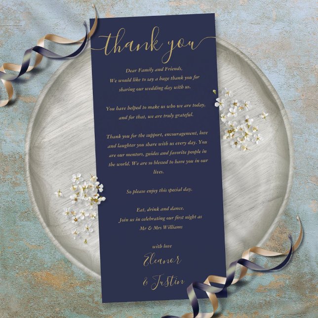 Välkomstkort för bröllopsfest med tack i blå-guld meny (Wedding Reception Thank You Blue Gold Place Card)