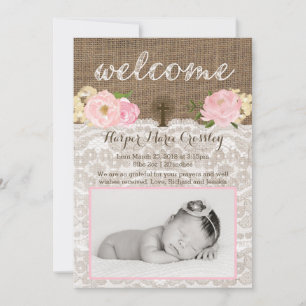 Välkomstkort för flicka med rosa blommor och Kor Meddelande