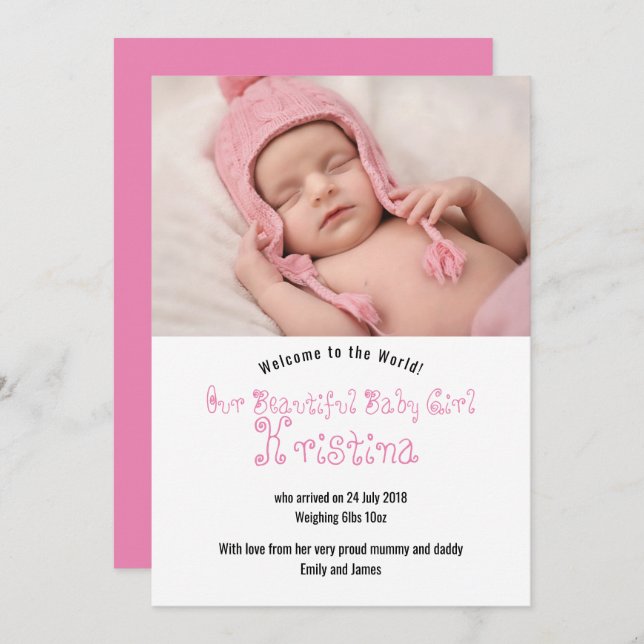 Välkomstkort för fotoavisering i Flicka Inbjudningar (Fram/baksida)