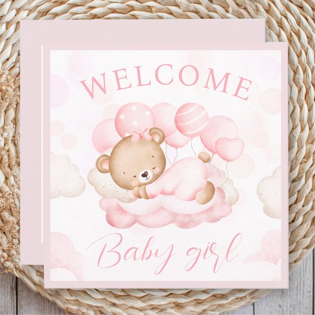 Välkomstkort för Rosa av Namn i Personlig i Flicka (Welcome Baby Girl Name Personalized Pink Bear Card)