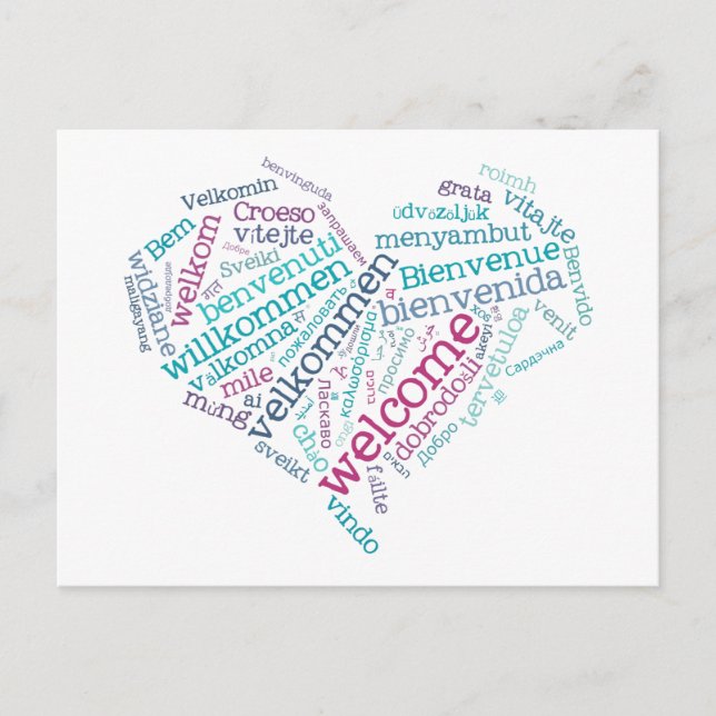 Välkomstkort (många språk) vykort (Framsida)