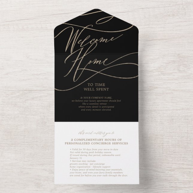 Välkomstkortet Romantic Guld och Black Welcome Hom (Inside)