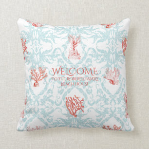 Välkomstkortsfamiljen Blue Coral Damask Beach Hou Kudde