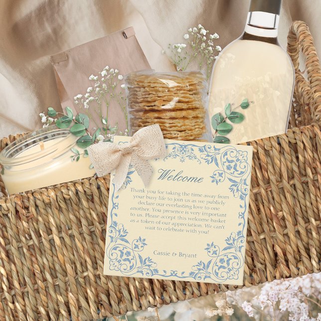 Välkomstmeddelande för Butter Gult Elegant bröllop Gåvor Etiketter (Elegant butter yellow welcome basket gift tags for wedding guest favors and bride and groom gift tag)