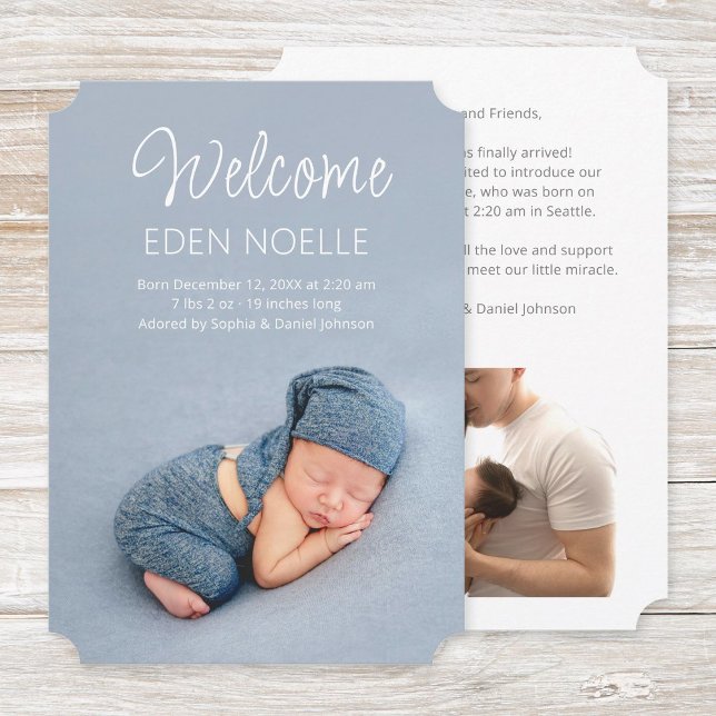 Välkomstmeddelande för foto till vit skript (Modern script Welcome cute birth announcement flat card with shaped corners and elegant white text.)