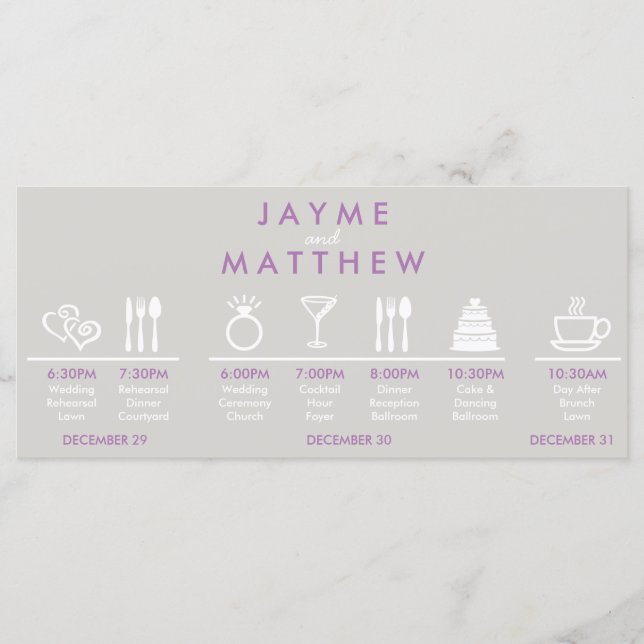 Välkomstmeddelande för grått och Lila Bröllop Program (Framsida)