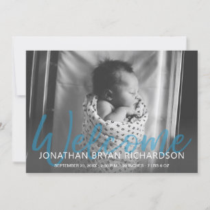 Välkomstmeddelande om pojke Blue Photo Birth Inbjudningar
