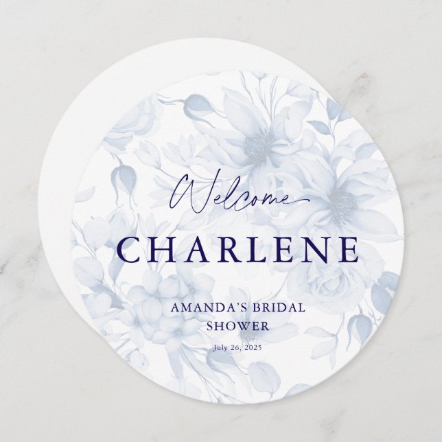 Välkomstmeny för Dusty Blue Round Möhippa Meny (Fram/baksida)