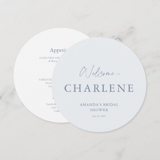 Välkomstmeny för Dusty Blue Round Möhippa Meny (Fram/baksida)