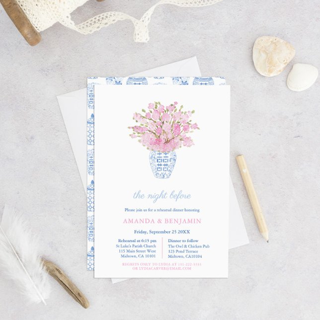 Välkomstmiddag för Chinoiserie Rosa Bröllop Rehear Inbjudningar (Skapare uppladdad)