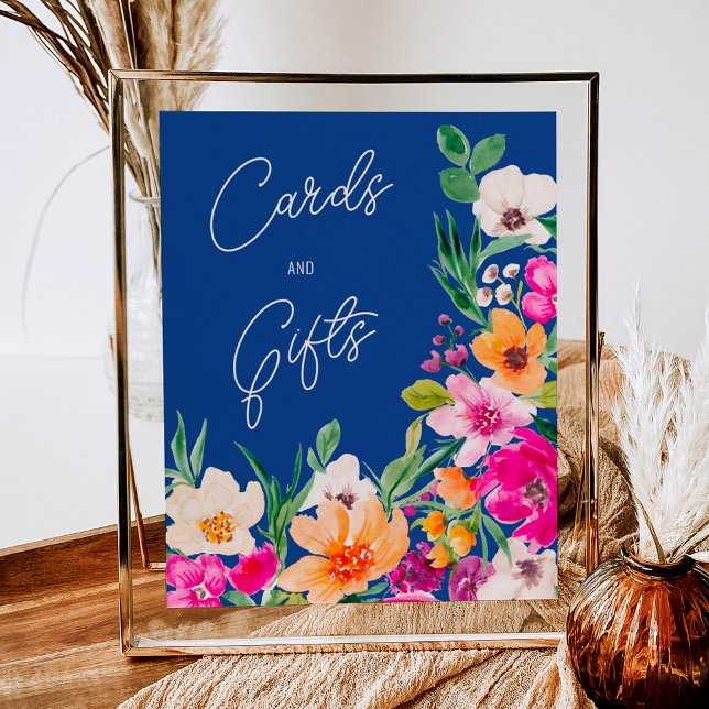 Välkomstmöhippa för blommor med fetstil i vild poster (Bright bold wild flowers welcome bridal shower poster on blue)