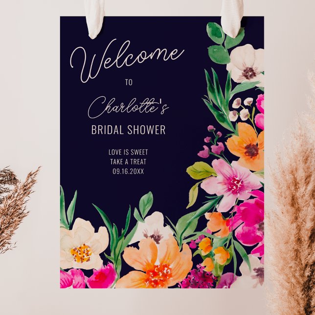 Välkomstmöhippa för blommor med fetstil i vild poster (Bright bold wild flowers welcome bridal shower poster on navy blue)