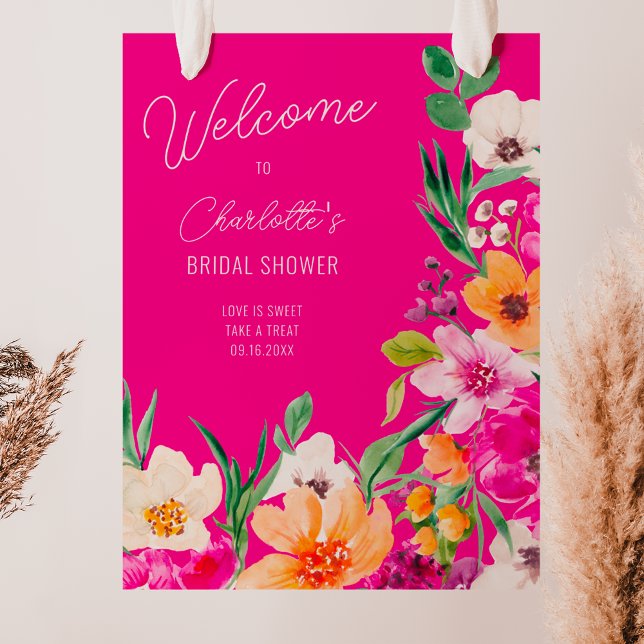 Välkomstmöhippa för blommor med fetstil i vild poster (Bright bold wild flowers welcome bridal shower poster on neon pink)