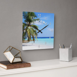 Välkomstön Beach Handflatan Träd Wall Clock Fyrkantig Klocka