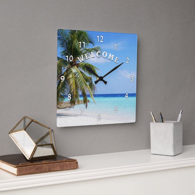 Välkomstön Beach Handflatan Träd Wall Clock Fyrkantig Klocka (Kontor)