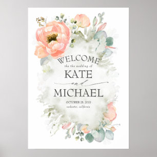 Välkomstord till Peach Flowers och Greenery Bröllo Poster