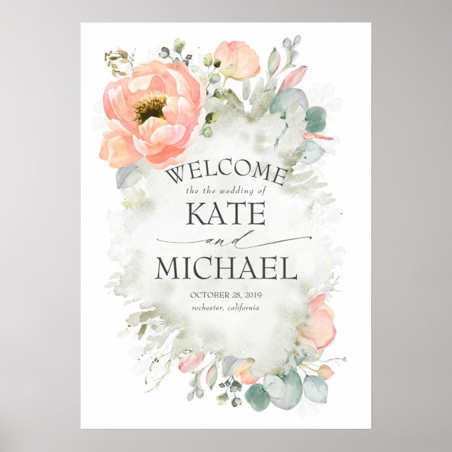 Välkomstord till Peach Flowers och Greenery Bröllo Poster (Framsidan)