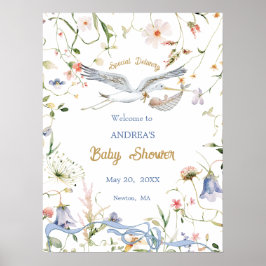 Välkomstork för Stork Wildblommon Babon Baby Showe Poster