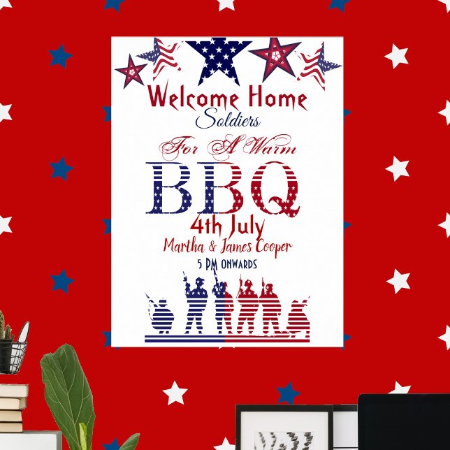 Välkomstormningssoldat 4:e juli BBB Red Blue Stars Poster (Welcome Home Soldiers 4th July BBQ Red Blue Stars Poster)