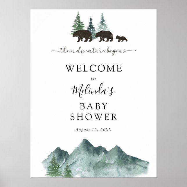 VälkomstPoster för äventyr börjar Bear Baby Shower Poster (Framsidan)