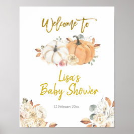 VälkomstPoster för blommigt White Pumpkin Baby Sho Poster
