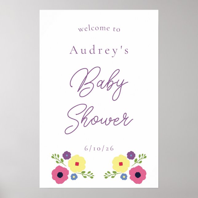 VälkomstPoster för Bright Blommigt Baby Shower Poster (Framsidan)