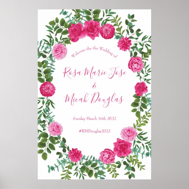 VälkomstPoster för Bright Rosa Blommigt Bröllop Poster (Framsidan)