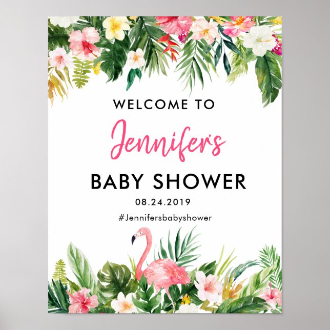 VälkomstPoster för Tropical Flamingo Baby Shower Poster (Framsidan)