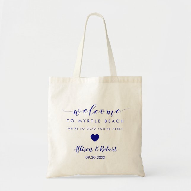 Välkomstpresentbag för bröllop, marinblå tygkasse (Framsidan)