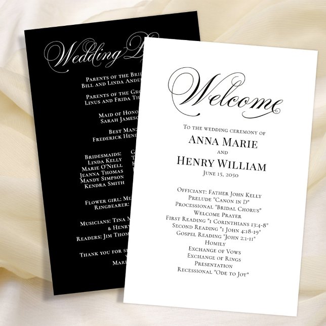 Välkomstprogram för bröllop i svart och vitt scrip (Black and white wedding ceremony simple calligraphy script program.)