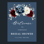 Välkomstsida för Slate Blue Burgundy White Möhippa Poster<br><div class="desc">Slate,  Burgundy,  White ivory themed blommigt möhippa Welcome poster med elegant bouquet av burgundy,  skiffer,  dammiga blå,  elfenben ro och peony-blommor och dammig grönt eucalyptus löv. Kontakta mig om du behöver hjälp med anpassning eller någon annan produkt</div>