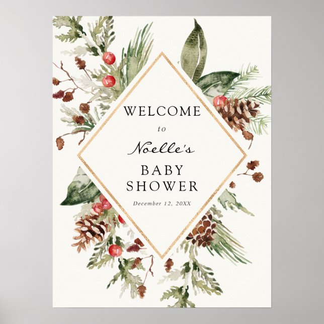 Välkomstsida för Winter Baby Shower Evergreen Poin Poster (Framsidan)