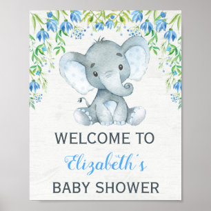 Välkomstsignalen Blue Blommigt för Boy Elephant Ba Poster