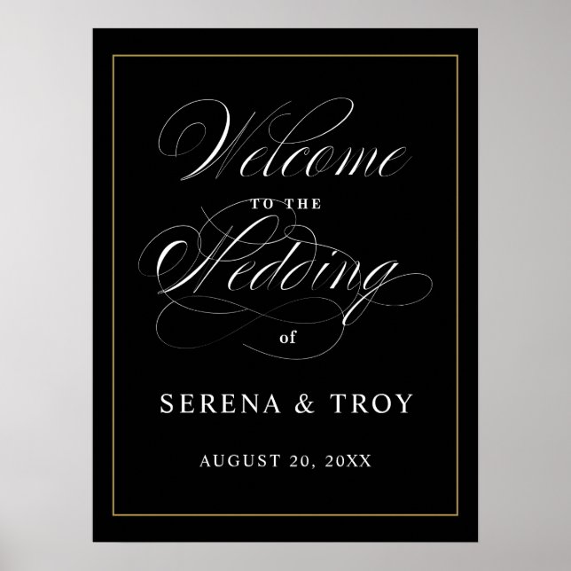 Välkomstsignalen Bröllop Black i elegant Script Poster (Framsidan)