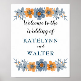 Välkomstsignatur för Blå och Orange blomma Bröllop Poster