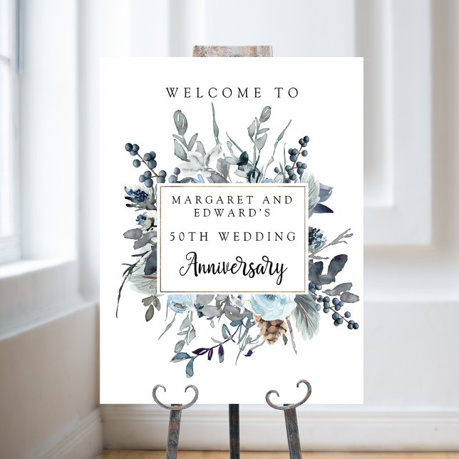 Välkomstsignatur för blått Blommigt Bröllop-årsdag Poster (Skapare uppladdad)