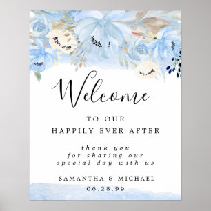 Välkomstsignatur för Blue och Guld Blommigt Bröllo Poster