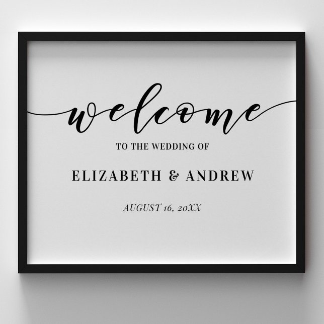 Välkomstsignatur för Bröllop i Elegant med enkel s Poster (an elegant black and white calligraphy 20x16 wedding welcome poster. Looks elegant in a frame.)