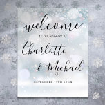 Välkomstsignatur för Bröllop i Winter Snö Namnteck Poster<br><div class="desc">Med namnteckning stil namn kan välkomsttecknet för snöflingor i elegant vara personlig med dina uppgifter i chic. Designad av Thisisnotme©</div>