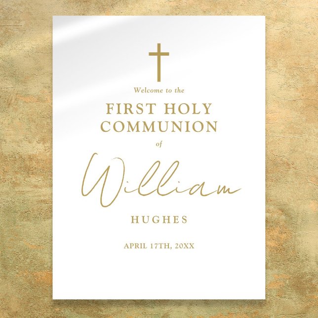 Välkomstsignatur för första Heligan av snabbskript Poster (Chic Gold Script First Holy Communion Welcome Sign)