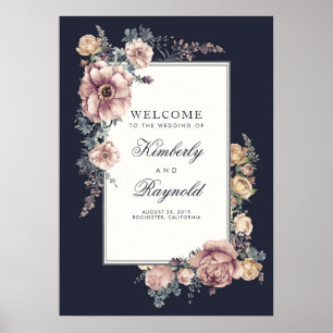 Välkomstsignatur för marinen och Mauve Blommigt Vi Poster