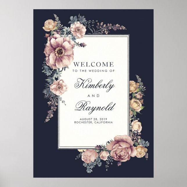 Välkomstsignatur för marinen och Mauve Blommigt Vi Poster (Framsidan)