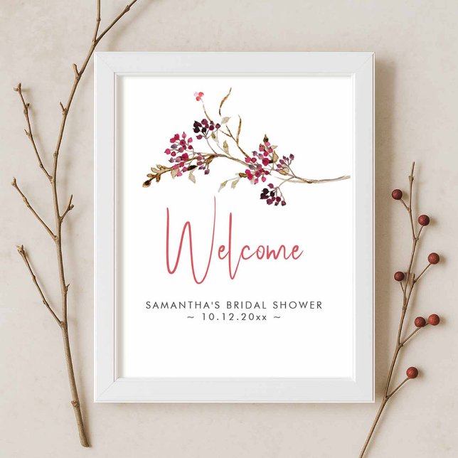 Välkomstsignatur för Möhippa av returtangenter Poster (rustic bridal shower sign with watercolor berries and twigs for fall and winter themes)